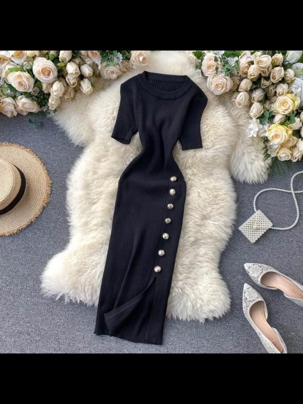 Elegant Black Ribbed Button-Accent Midi Dress